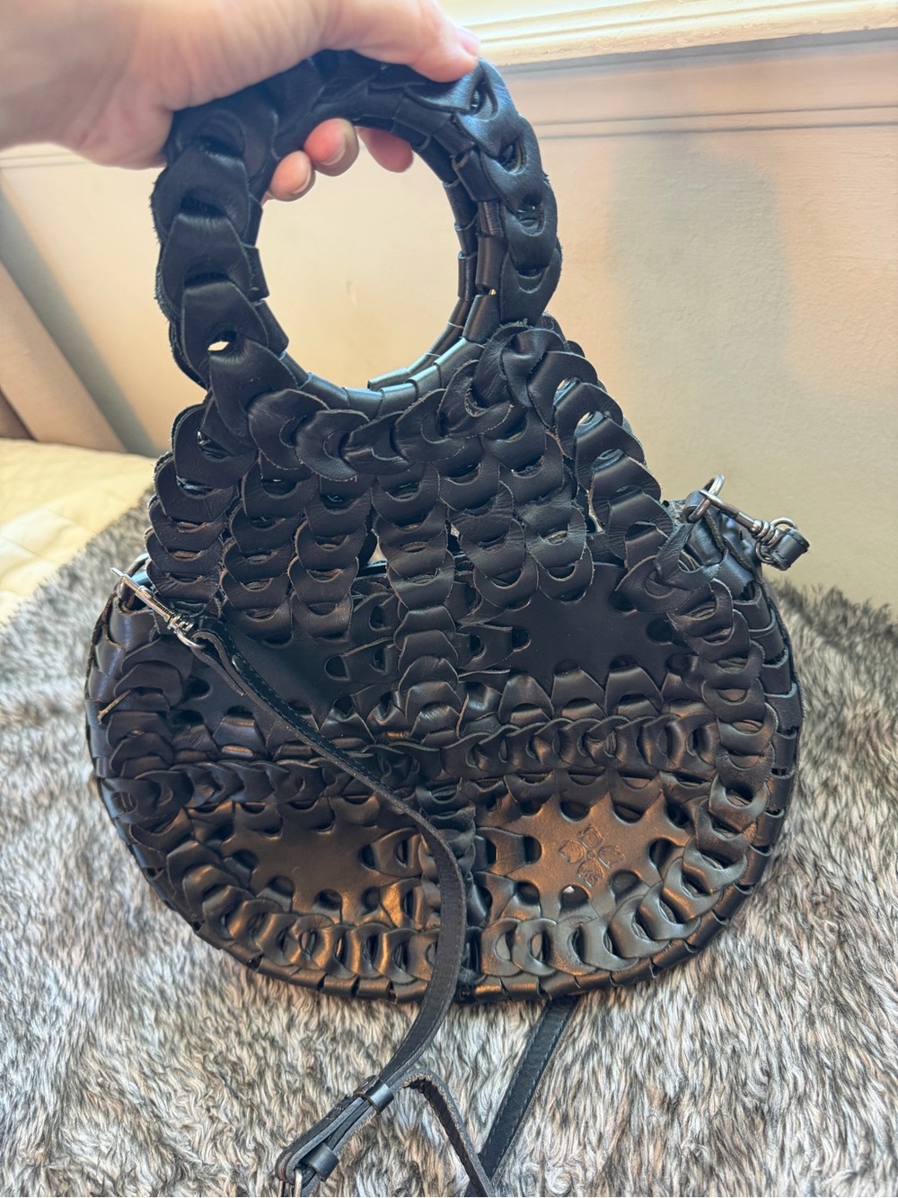 Patricia Nash Black Woven Circle Handle Crossbody Bag